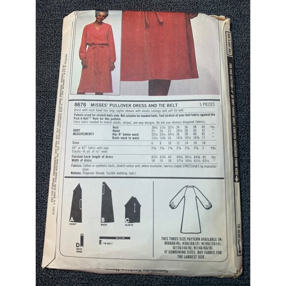Simplicity 8676 Misses Pullover Dress Tie Belt Pattern Size 8 10 12 1970s - Picture 2 of 2